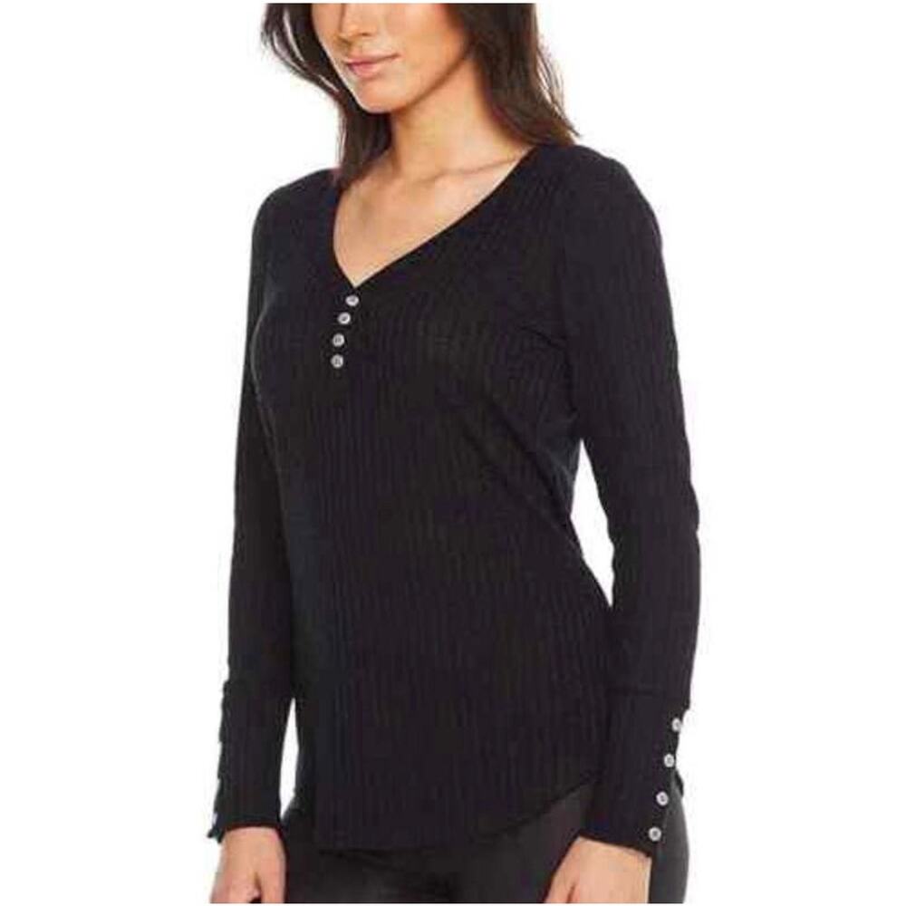 Chaser Thermal Henley Waffle Knit Top Black - Size: Medium